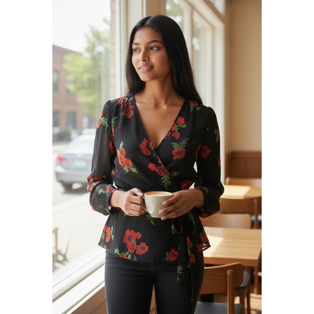 Express Women's Black Red Floral Wrap Long Sleeve Sheer Peplum Blouse  XS Boho